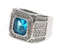 HIJONES Mens Stainless Steel Square Glass Crystal Gemstone Shiny Wedding Ring Micro Pave CZ Hip Hop Titanium Biker Band Silver Lake Blue Stone Size U