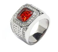 HIJONES Mens Stainless Steel Square Glass Crystal Gemstone Shiny Wedding Ring Micro Pave CZ Hip Hop Titanium Biker Band Silver Peach Red Stone Size P 1/2