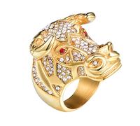 HIJONES Men's Stainless Steel Vintage CZ Cubic Zirconia Red Eye Bull Head Ring Gothic Biker Band Gold Size U