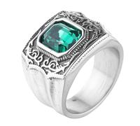 HIJONES Mens Stainless Steel Vintage Gemstone Branch Chunky Engraved Wedding Ring Glass Ctystal Jewellery Silver Green Stone Size S
