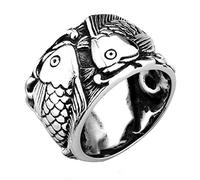 HIJONES Men's Stainless Steel Vintage Koi Fish Ring Double Embossed Carp Animal Wedding Bands Lucky Jewellery Size W