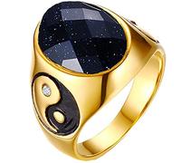 HIJONES Mens Stainless Steel Yin Yang Feng Shui Gemstone Ring with Oval Stone Taoist Balance Jewellery, Blue Sandstone Gold Size N 1/2