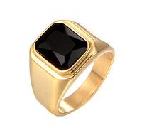 HIJONES Mens Stone Ring Gold Plated Stainless Steel Large Square Zirconia Vintage Statement Rings Black CZ Size W