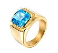 HIJONES Men's Stone Ring Stainless Steel Large Square Zirconia Vintage Statement Rings Gold Sky Blue Size Z+3
