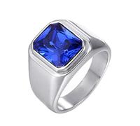 HIJONES Mens Stone Ring Stainless Steel Large Square Zirconia Vintage Statement Rings Silver Navy Blue Gemstone Size Z+5