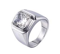 HIJONES Men's Stone Ring Stainless Steel Large Square Zirconia Vintage Statement Rings Silver White Size U