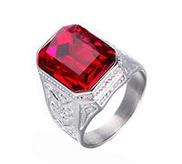 HIJONES Mens Vintage Golden Stainless Steel Big Square Stone (CZ) Rings Gothic Biker Bands Silver Ruby Size U