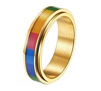 HIJONES Men's Women's Stainless Steel 6mm Tiny Stacking Rainbow Spinner Fidget Ring Couple Wedding Jewellery Gold Size M