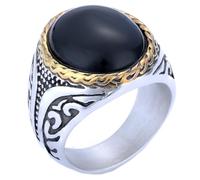 HIJONES Mens Womens Stainless Steel Gemstone Engraved Ring Tiger's Eye Turquoise Stone Promise Ring Gold Black Stone Size Z+1