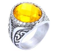 HIJONES Mens Womens Stainless Steel Gemstone Engraved Ring Tiger's Eye Turquoise Stone Promise Ring Silver Yellow Stone Size Z+1