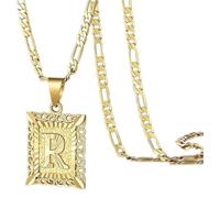 HIJONES Square Pendant 26 Letter Alphabet Necklace for Women Men Stainless Steel Initial First Name Jewelry Gold R
