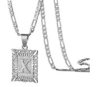 HIJONES Square Pendant 26 Letter Alphabet Necklace for Women Men Stainless Steel Initial First Name Jewelry Silver X