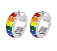 HIJONES Stainless Steel Rainbow Clip On Earrings Gay Lesbian Bisexual LGBT Pride Flag Huggie Ear Studs Non Pierced Silver