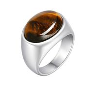 HIJONES Unisex Stainless Steel Agate Gemstone Inlaid Silver Plated Engagement Ring Solid Glossy Wedding Band Brown Stone Size P 1/2