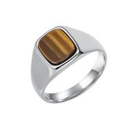 HIJONES Unisex Stainless Steel Big Square Agate Tiger's Eye Gemstone Couple Wedding Ring Solid Plated Promise Finger Band Silver Brown Stone Size S