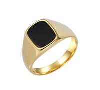 HIJONES Unisex Stainless Steel Big Square Agate Tiger's Eye Gemstone Couple Wedding Ring Solid Plated Promise Finger Band Gold Black Stone Size U