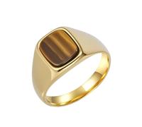 HIJONES Unisex Stainless Steel Big Square Agate Tiger's Eye Gemstone Couple Wedding Ring Solid Plated Promise Finger Band Gold Brown Stone Size N 1/2
