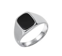 HIJONES Unisex Stainless Steel Big Square Agate Tiger's Eye Gemstone Couple Wedding Ring Solid Plated Promise Finger Band Silver Black Stone Size N 1/2