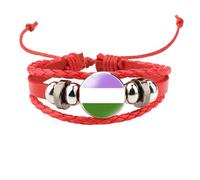 HIJONES Unisex Stainless Steel Rainbow LGBT Pride Flag Leather Bracelet Handmade Woven Round Coin Wrap Bracelet Wristband Jewellry Birthday Gift Red Style 3