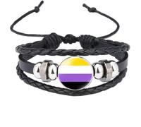 HIJONES Unisex Stainless Steel Rainbow LGBT Pride Flag Leather Bracelet Handmade Woven Round Coin Wrap Bracelet Wristband Jewellry Birthday Gift Black Style 8