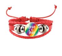 HIJONES Unisex Stainless Steel Rainbow LGBT Pride Flag Leather Bracelet Handmade Woven Round Coin Wrap Bracelet Wristband Jewellry Birthday Gift Red Style 10
