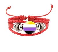 HIJONES Unisex Stainless Steel Rainbow LGBT Pride Flag Leather Bracelet Handmade Woven Round Coin Wrap Bracelet Wristband Jewellry Birthday Gift Red Style 7