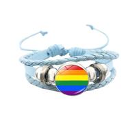 HIJONES Unisex Stainless Steel Rainbow LGBT Pride Flag Leather Bracelet Handmade Woven Round Coin Wrap Bracelet Wristband Jewellry Birthday Gift Blue Style 3