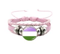 HIJONES Unisex Stainless Steel Rainbow LGBT Pride Flag Leather Bracelet Handmade Woven Round Coin Wrap Bracelet Wristband Jewellry Birthday Gift Pink Style 4