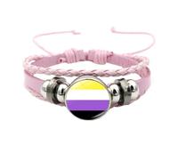 HIJONES Unisex Stainless Steel Rainbow LGBT Pride Flag Leather Bracelet Handmade Woven Round Coin Wrap Bracelet Wristband Jewellry Birthday Gift Pink Style 7