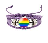 HIJONES Unisex Stainless Steel Rainbow LGBT Pride Flag Leather Bracelet Handmade Woven Round Coin Wrap Bracelet Wristband Jewellry Birthday Gift Purple Style 11