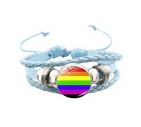 HIJONES Unisex Stainless Steel Rainbow LGBT Pride Flag Leather Bracelet Handmade Woven Round Coin Wrap Bracelet Wristband Jewellry Birthday Gift Blue Style 5