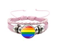 HIJONES Unisex Stainless Steel Rainbow LGBT Pride Flag Leather Bracelet Handmade Woven Round Coin Wrap Bracelet Wristband Jewellry Birthday Gift Pink Style 10