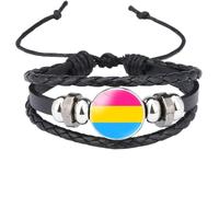 HIJONES Unisex Stainless Steel Rainbow LGBT Pride Flag Leather Bracelet Handmade Woven Round Coin Wrap Bracelet Wristband Jewellry Birthday Gift Black Style 3