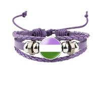 HIJONES Unisex Stainless Steel Rainbow LGBT Pride Flag Leather Bracelet Handmade Woven Round Coin Wrap Bracelet Wristband Jewellry Birthday Gift Purple Style 3