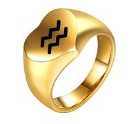 HIJONES Women Men's Love Heart 12 Zodiac Signs Stainless Steel Polished Ring Vintage Personalized Jewelry Gold Aquarius Size J 1/2