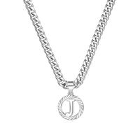 HIJONES Womens Mens Stainless Steel Letter Circular Pendant Initial Name Chunky Chain Charm Necklaces Silver J