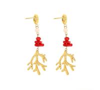 HIJONES Women's Red Stone Coral Branch Tassel Stud Earrings Personalized Stainless Steel Ear Ornament Gold