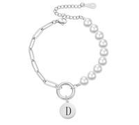HIJONES Womens Stainless Steel Bead Chain Link Bracelet Laser Engraved 26 Letters Heart Charm Bracelet Jewellery Gift Silver D