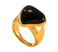 HIJONES Womens Stainless Steel Big Heart Gemstone Statement Ring Hip Hop Titanium Casting Bands Gold Black Stone Small Size W