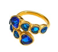 HIJONES Womens Stainless Steel Crystal Love Heart Zirconia Open Signet Ring Wedding Jewellery Gold Blue Stone Size U