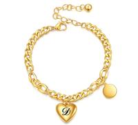 HIJONES Womens Stainless Steel Initial Link Bracelet Laser Engraved 26 Letters Heart Charm Ajustable Bracelet Jewellery Gift for Her Gold D