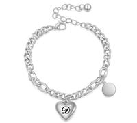 HIJONES Womens Stainless Steel Initial Link Bracelet Laser Engraved 26 Letters Heart Charm Ajustable Bracelet Jewellery Gift for Her Silver D