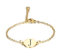 HIJONES Womens Stainless Steel Oval 12MM Laser Engraved 26 Letters Initial Bracelet Gold J