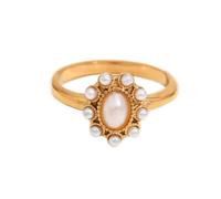 HIJONES Womens Stainless Steel Oval Gemstone Micro Pave CZ Wedding Ring Pearl Gold Plated Party Jewellery White Size N 1/2