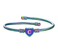 HIJONES Womens Stainless Steel Rainbow Initial Open Bangle Heart Letter Braided Cable Bracelets Rainbow C