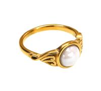 HIJONES Womens Stainless Steel Round Gemstone Engraved Hollow Wedding Ring Retro Style Jewellery Gold White Stone Size P 1/2