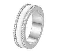 HIJONES Womens Stainless Steel Stylish Ceramic 6MM Dome Rotating Band Ring with Double Row Cubic Zirconia Wedding Jewellery Silver Black Size S