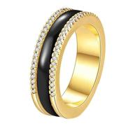 HIJONES Womens Stainless Steel Stylish Ceramic 6MM Dome Rotating Band Ring with Double Row Cubic Zirconia Wedding Jewellery Gold Black Size N 1/2