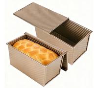 Hikaproligt Pullman Loaf Tin with Lid Set of 2, 22cm, Gold, Non-Stick Coating, Ventilation Holes, Carbon Steel - Perfect for Oven Bread Baking