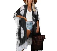 HIKARO Women's Floral Beach Kimono Cardigan Boho Bikini Swimwear Cover Ups Black White